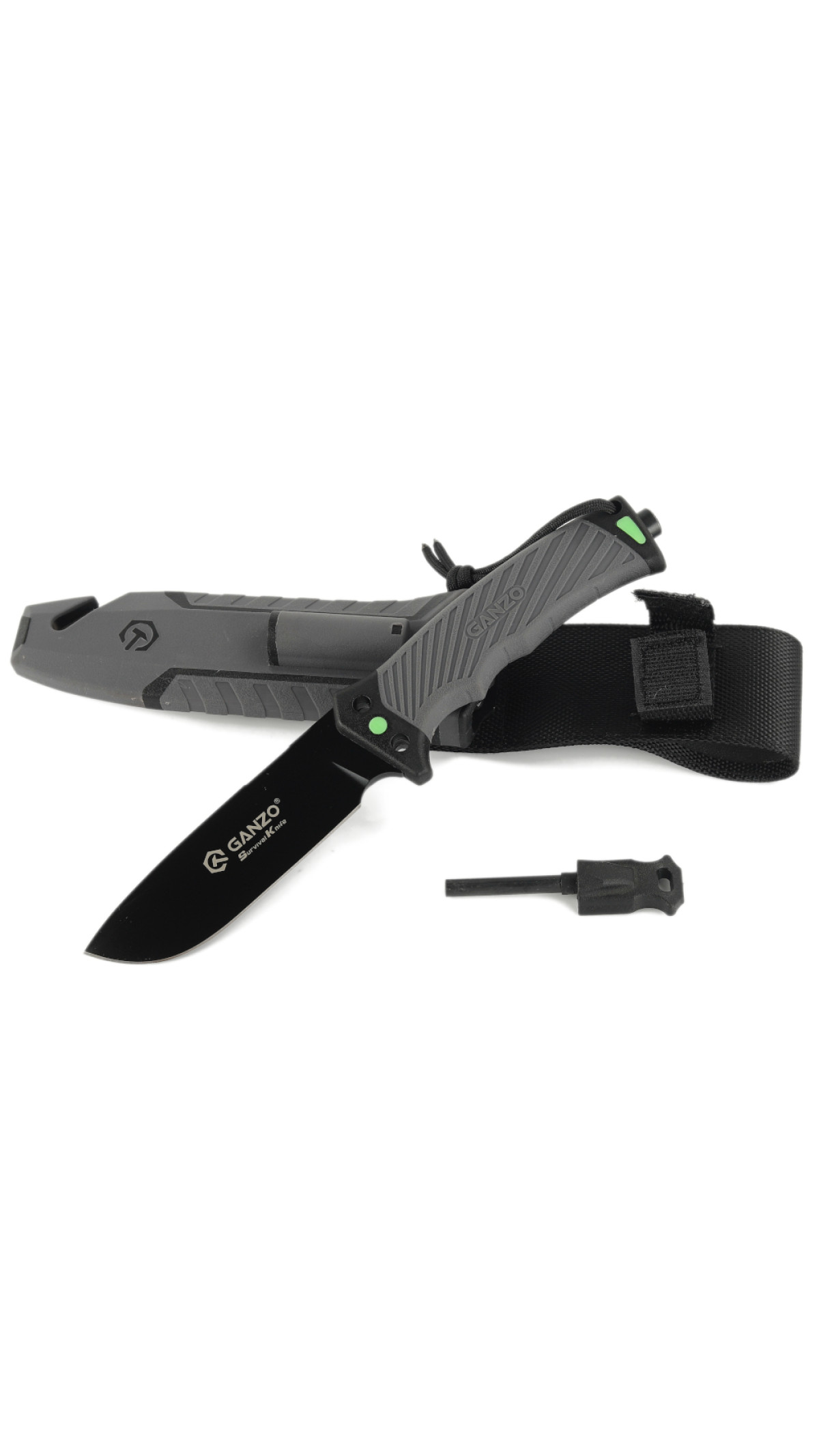 Нож нескладной “G8012V2-GY” (Нержавеющая сталь | Стеклобой + кожух с точилом, стропорезом и огнивом | Серый) ТМ Ganzo