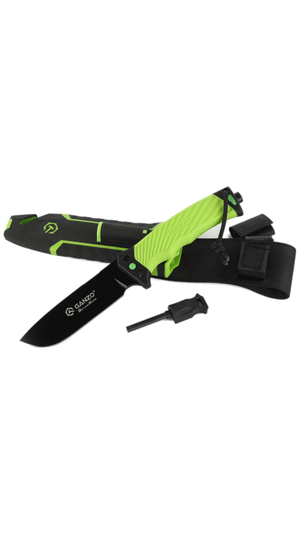 Нож нескладной “G8012V2-LG” (Нержавеющая сталь | Стеклобой + кожух с точилом, стропорезом и огнивом | Зеленый) ТМ Ganzo